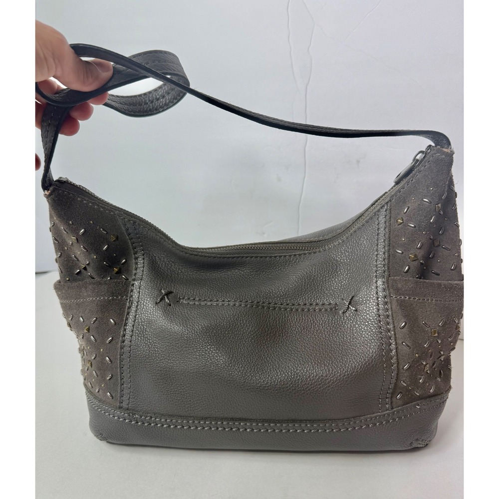 The Sak Kendra Leather and Suede Hobo Shoulder Bag Gray Studded Tassel Charm - Picture 2 of 12